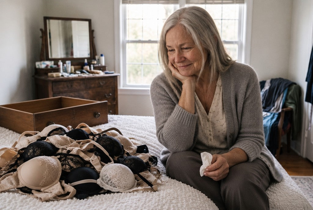 Susie on the edge of the bed beside the pile of bras
