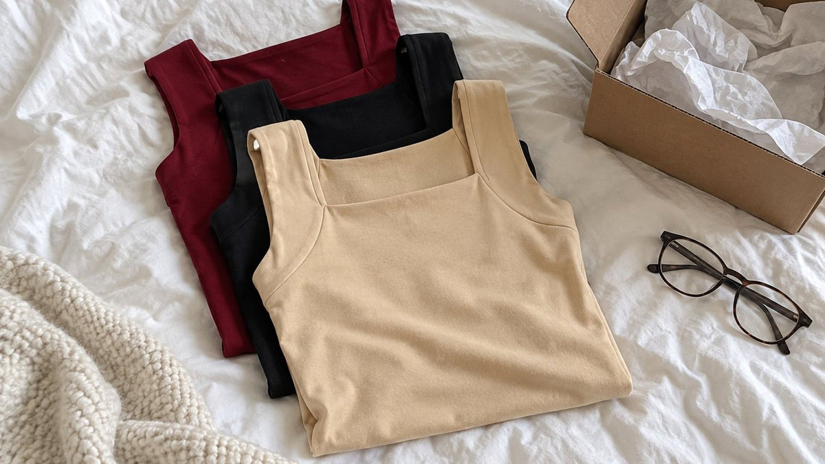 Three tanks: nude, black and burgundy