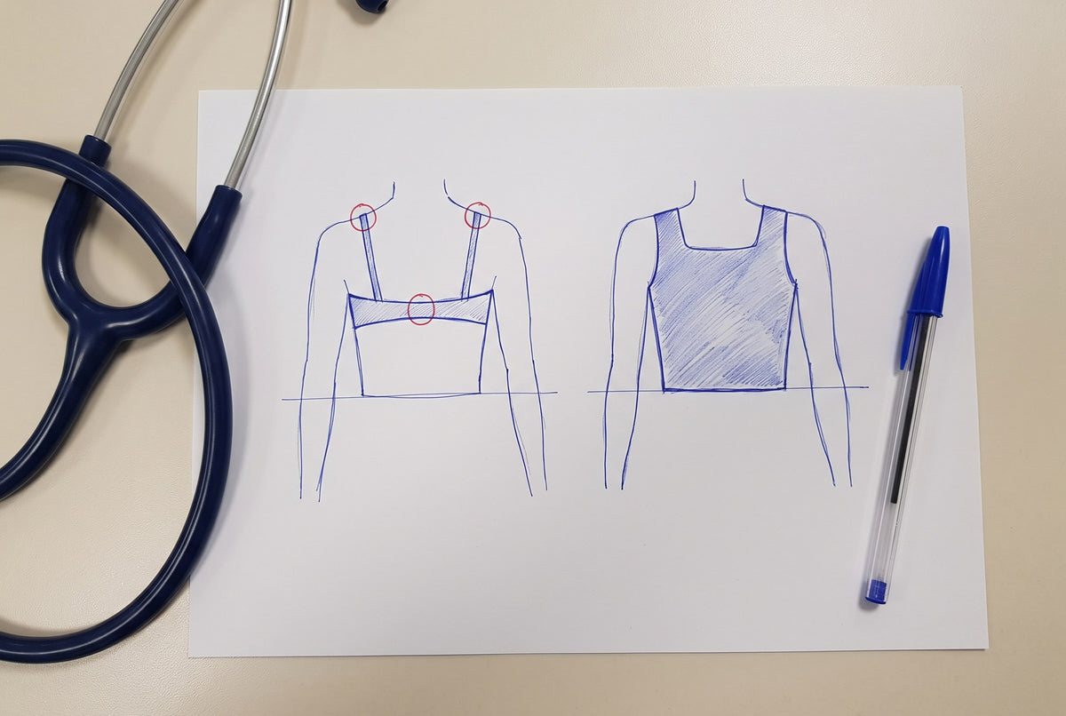 Brenda's sketch: a bra presses on three spots, the tank spreads it out