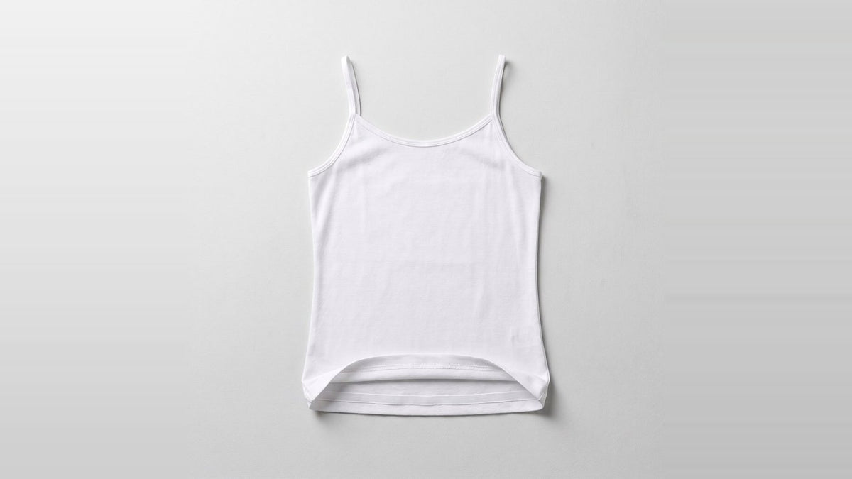 A cheap shelf-bra camisole with one thin strip across the chest