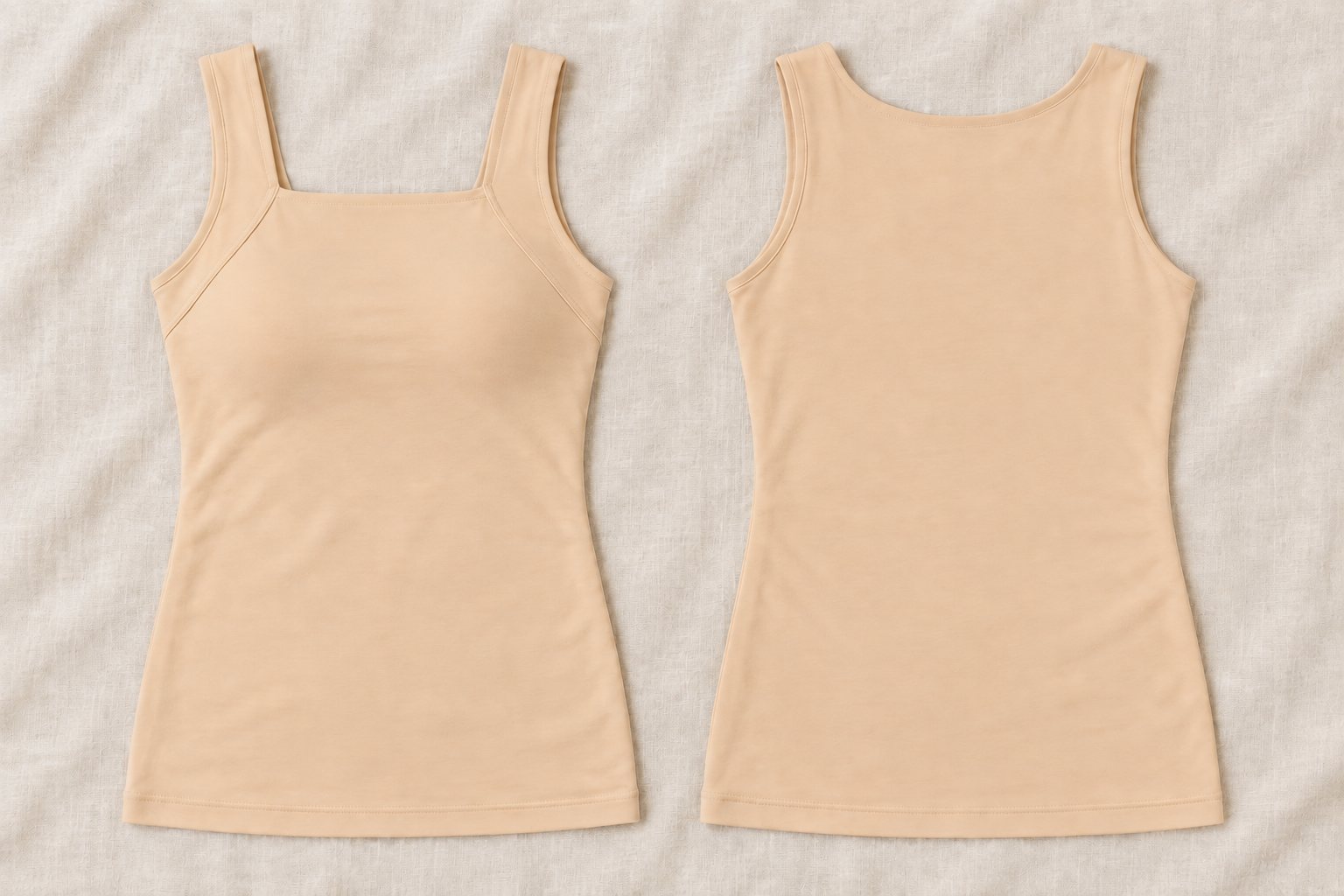 The Susie's comfort tank laid flat, front and back, with no hooks or clasp