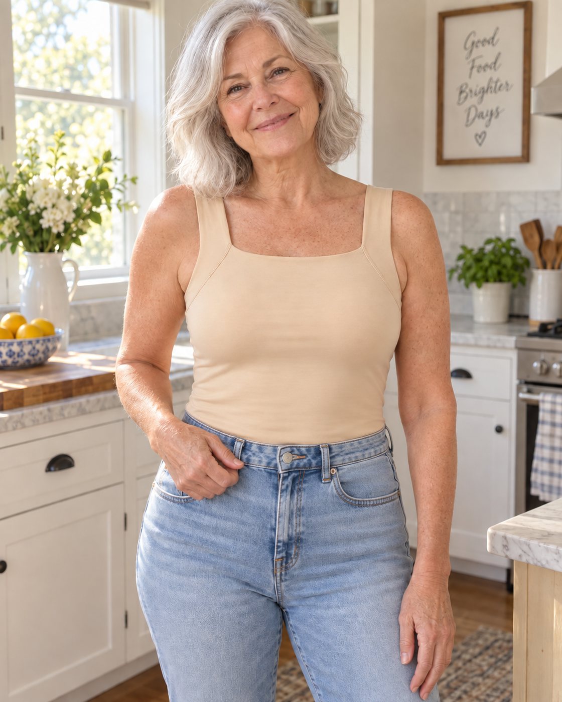 A woman in her late sixties wearing the nude Susie's comfort tank in her kitchen
